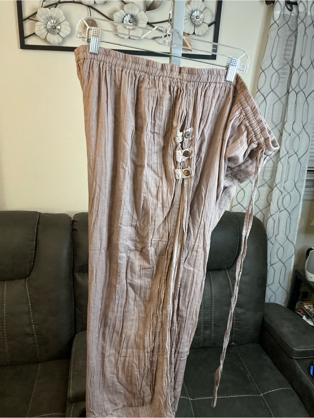 TC Women's Capris in Light Taupe with Button & Tie Detail
